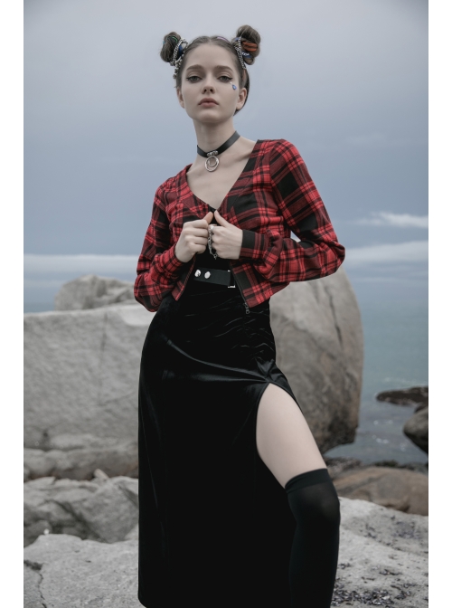 Red And Black Plaid Horizontal Wide Neckline Short Punk Knitted Coat