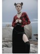 Red And Black Plaid Horizontal Wide Neckline Short Punk Knitted Coat