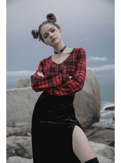 Red And Black Plaid Horizontal Wide Neckline Short Punk Knitted Coat
