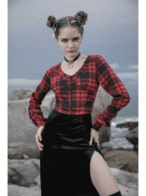 Red And Black Plaid Horizontal Wide Neckline Short Punk Knitted Coat