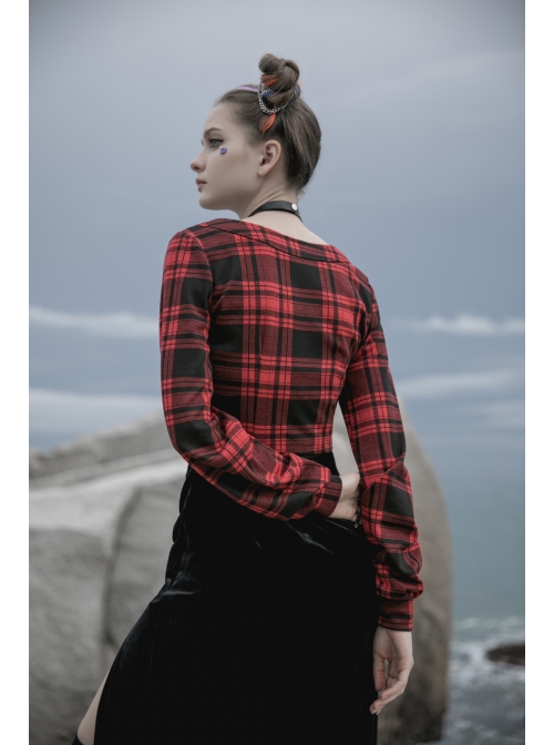 Red And Black Plaid Horizontal Wide Neckline Short Punk Knitted Coat