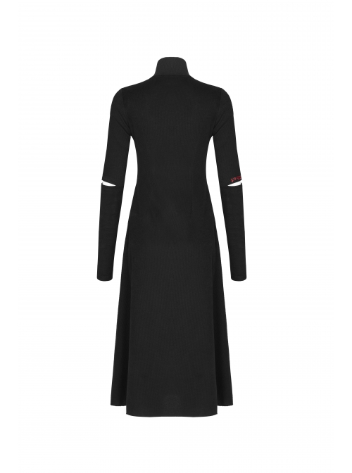 High Collar Cross Zipper Embroidery Logo Hollow-Out Elbow Black Long Gothic Knitted Coat