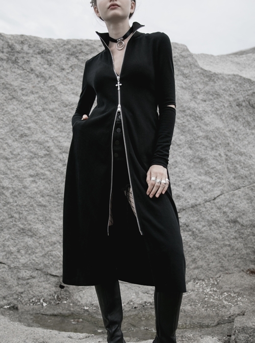 High Collar Cross Zipper Embroidery Logo Hollow-Out Elbow Black Long Gothic Knitted Coat