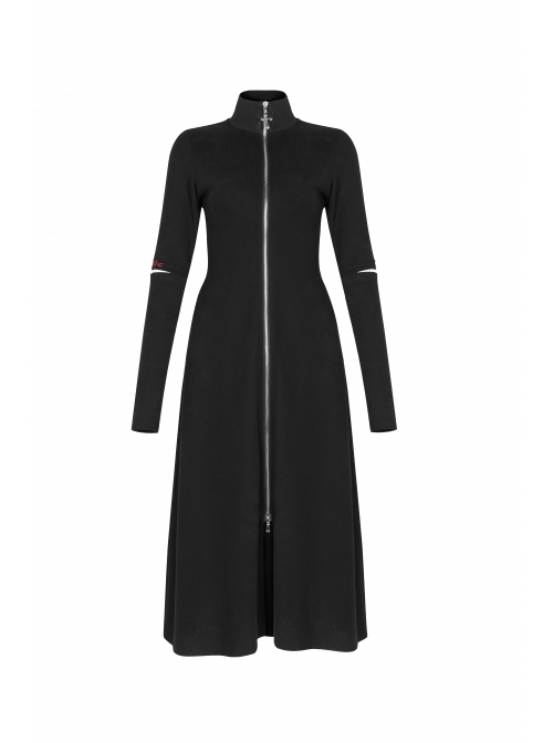 High Collar Cross Zipper Embroidery Logo Hollow-Out Elbow Black Long Gothic Knitted Coat