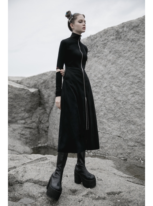 High Collar Cross Zipper Embroidery Logo Hollow-Out Elbow Black Long Gothic Knitted Coat