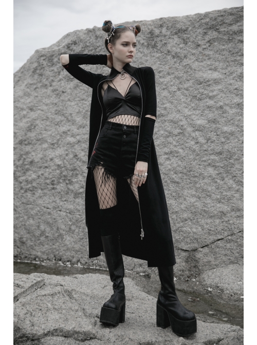 High Collar Cross Zipper Embroidery Logo Hollow-Out Elbow Black Long Gothic Knitted Coat