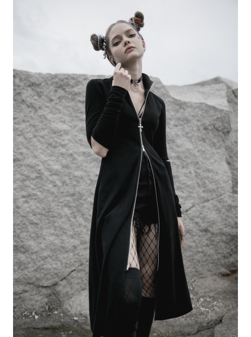 High Collar Cross Zipper Embroidery Logo Hollow-Out Elbow Black Long Gothic Knitted Coat