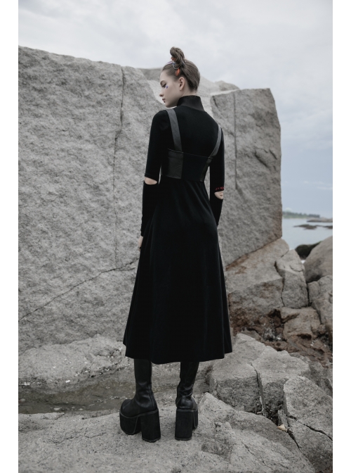 High Collar Cross Zipper Embroidery Logo Hollow-Out Elbow Black Long Gothic Knitted Coat