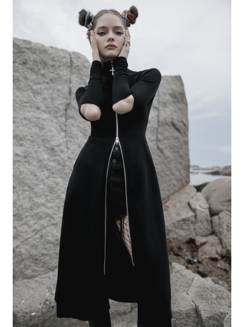 High Collar Cross Zipper Embroidery Logo Hollow-Out Elbow Black Long Gothic Knitted Coat