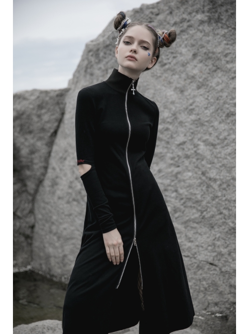 High Collar Cross Zipper Embroidery Logo Hollow-Out Elbow Black Long Gothic Knitted Coat