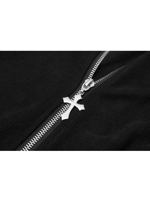 High Collar Cross Zipper Embroidery Logo Hollow-Out Elbow Black Long Gothic Knitted Coat