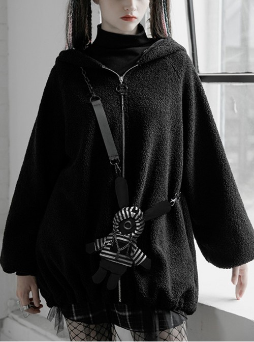 Clown Hat Rabbit Backpack Elastic Rope Black Punk Velvet Coat