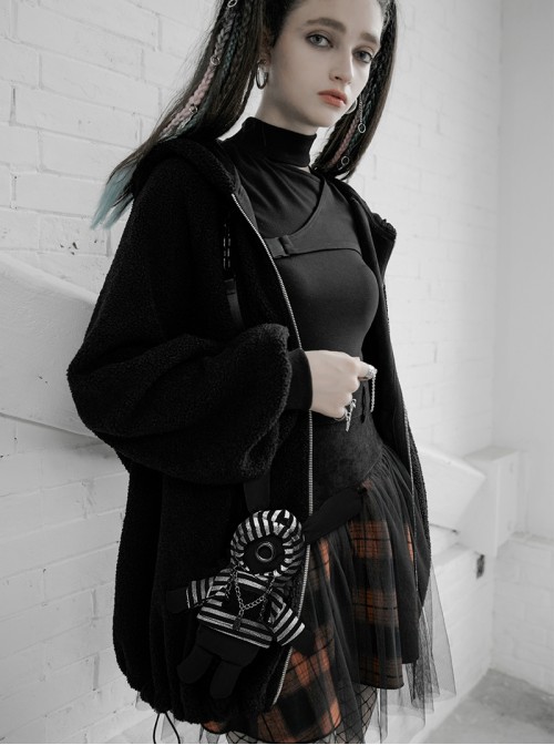 Clown Hat Rabbit Backpack Elastic Rope Black Punk Velvet Coat