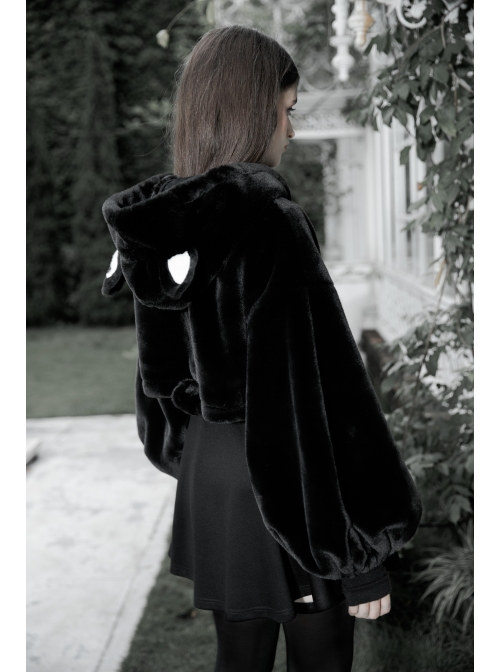 Stereo Ear Fluffy Ball Tail Plush Ball Button Drawstring Hem Elastic Strap Cuff Black Punk Short Coat