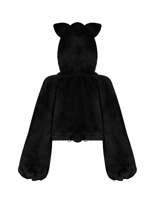 Stereo Ear Fluffy Ball Tail Plush Ball Button Drawstring Hem Elastic Strap Cuff Black Punk Short Coat