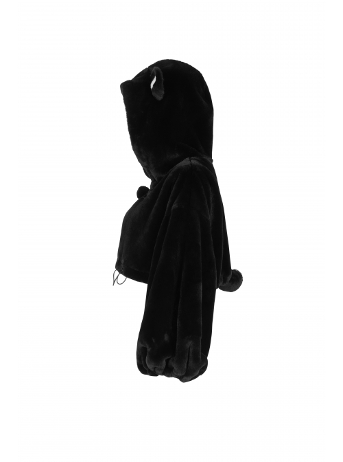Stereo Ear Fluffy Ball Tail Plush Ball Button Drawstring Hem Elastic Strap Cuff Black Punk Short Coat