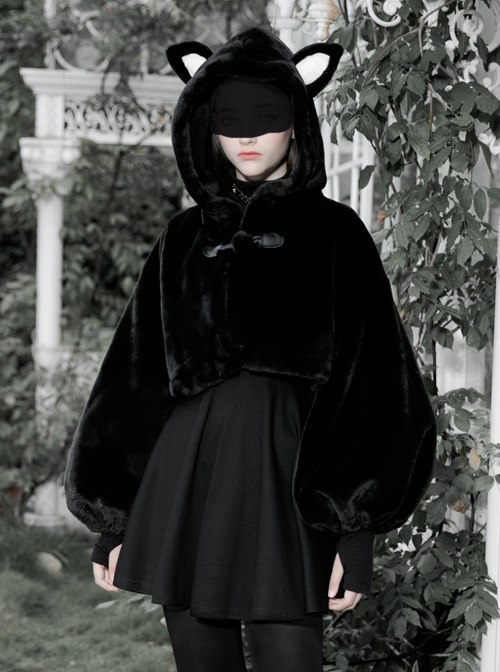 Stereo Ear Fluffy Ball Tail Plush Ball Button Drawstring Hem Elastic Strap Cuff Black Punk Short Coat