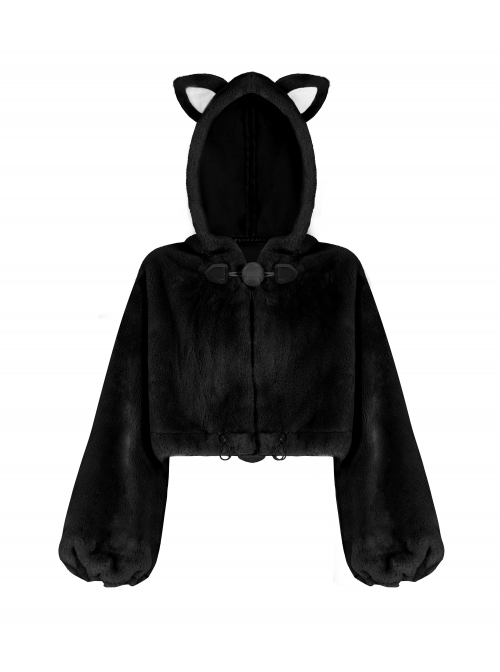 Stereo Ear Fluffy Ball Tail Plush Ball Button Drawstring Hem Elastic Strap Cuff Black Punk Short Coat