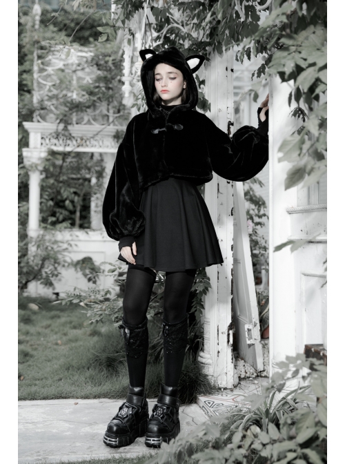 Stereo Ear Fluffy Ball Tail Plush Ball Button Drawstring Hem Elastic Strap Cuff Black Punk Short Coat