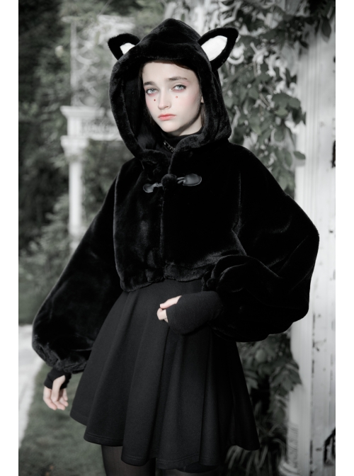 Stereo Ear Fluffy Ball Tail Plush Ball Button Drawstring Hem Elastic Strap Cuff Black Punk Short Coat