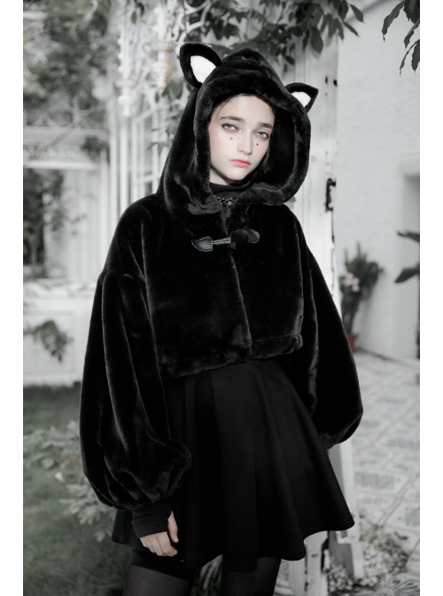 Stereo Ear Fluffy Ball Tail Plush Ball Button Drawstring Hem Elastic Strap Cuff Black Punk Short Coat