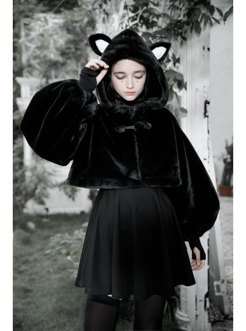Stereo Ear Fluffy Ball Tail Plush Ball Button Drawstring Hem Elastic Strap Cuff Black Punk Short Coat