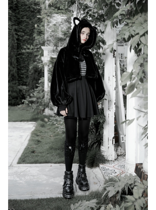 Stereo Ear Fluffy Ball Tail Plush Ball Button Drawstring Hem Elastic Strap Cuff Black Punk Short Coat