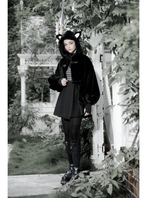 Stereo Ear Fluffy Ball Tail Plush Ball Button Drawstring Hem Elastic Strap Cuff Black Punk Short Coat