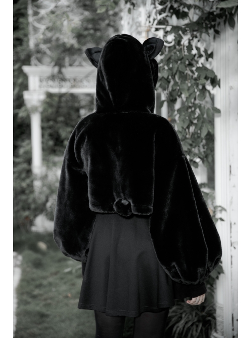 Stereo Ear Fluffy Ball Tail Plush Ball Button Drawstring Hem Elastic Strap Cuff Black Punk Short Coat
