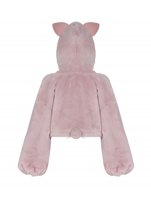 Stereo Ear Fluffy Ball Tail Plush Ball Button Drawstring Hem Elastic Strap Cuff Pink Punk Short Coat