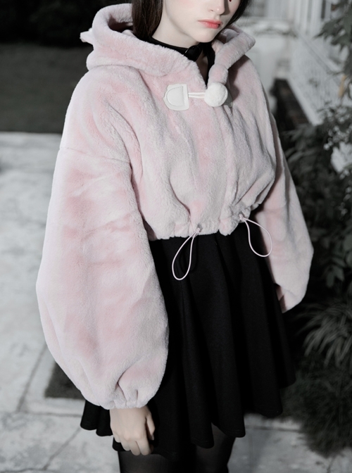 Stereo Ear Fluffy Ball Tail Plush Ball Button Drawstring Hem Elastic Strap Cuff Pink Punk Short Coat