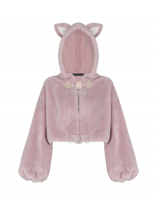 Stereo Ear Fluffy Ball Tail Plush Ball Button Drawstring Hem Elastic Strap Cuff Pink Punk Short Coat