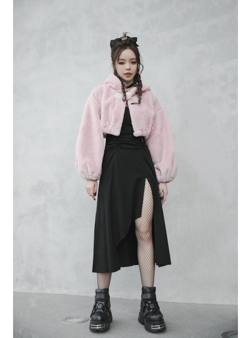 Stereo Ear Fluffy Ball Tail Plush Ball Button Drawstring Hem Elastic Strap Cuff Pink Punk Short Coat