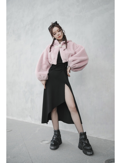 Stereo Ear Fluffy Ball Tail Plush Ball Button Drawstring Hem Elastic Strap Cuff Pink Punk Short Coat