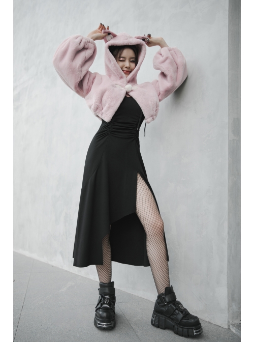 Stereo Ear Fluffy Ball Tail Plush Ball Button Drawstring Hem Elastic Strap Cuff Pink Punk Short Coat