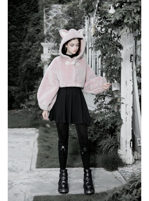 Stereo Ear Fluffy Ball Tail Plush Ball Button Drawstring Hem Elastic Strap Cuff Pink Punk Short Coat