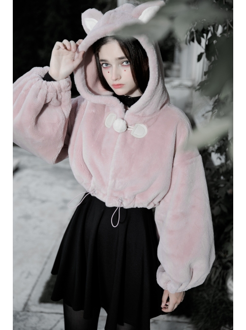 Stereo Ear Fluffy Ball Tail Plush Ball Button Drawstring Hem Elastic Strap Cuff Pink Punk Short Coat