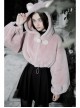 Stereo Ear Fluffy Ball Tail Plush Ball Button Drawstring Hem Elastic Strap Cuff Pink Punk Short Coat