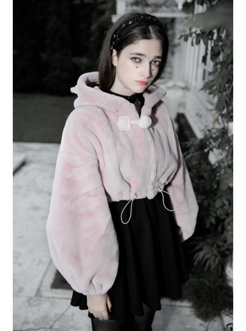 Stereo Ear Fluffy Ball Tail Plush Ball Button Drawstring Hem Elastic Strap Cuff Pink Punk Short Coat