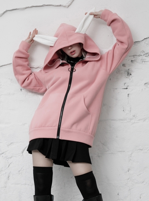 Rabbit Ear Hat Rabbit Pattern Printing Pendant Pink Punk Coat