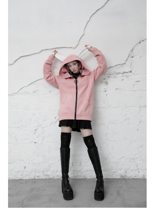 Rabbit Ear Hat Rabbit Pattern Printing Pendant Pink Punk Coat