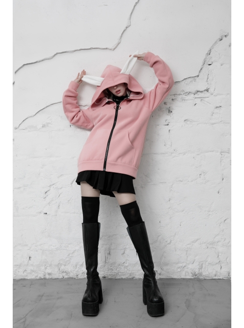 Rabbit Ear Hat Rabbit Pattern Printing Pendant Pink Punk Coat