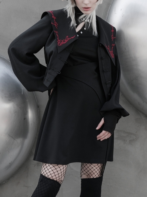Navy Collar Handwriting English Embroidered Lantern Sleeve Black Punk Short Coat