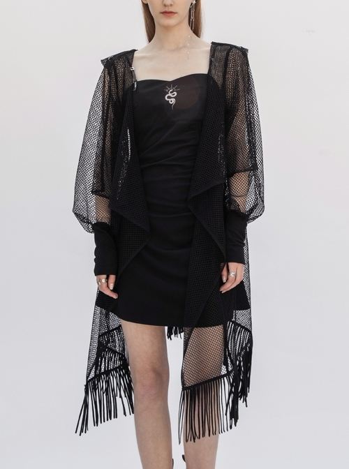 Snake Pattern Embroidery Big Hood Knit Cuff Splice Tassels Hem Black Gothic Mesh Jacket