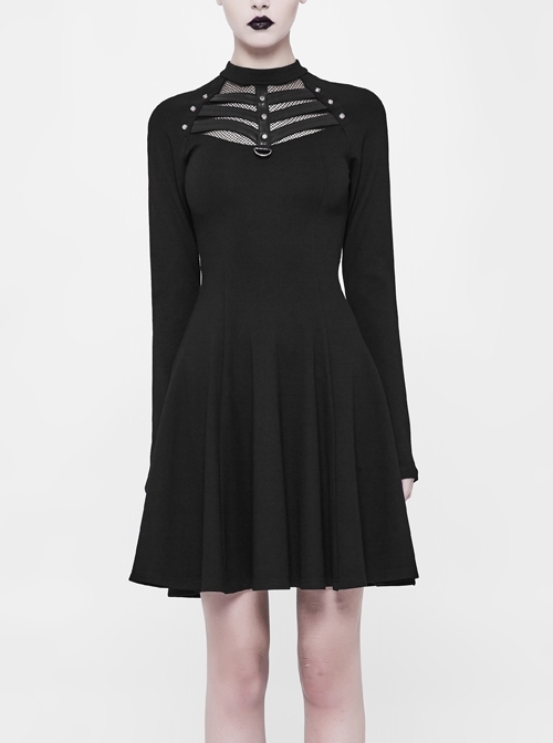 Black Small High Collar Chest Splice Mesh Rivet Back Zipper A Type Hem Punk Knit Dress