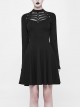 Black Small High Collar Chest Splice Mesh Rivet Back Zipper A Type Hem Punk Knit Dress