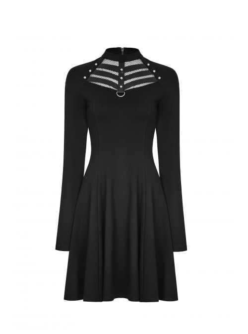 Black Small High Collar Chest Splice Mesh Rivet Back Zipper A Type Hem Punk Knit Dress