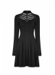 Black Small High Collar Chest Splice Mesh Rivet Back Zipper A Type Hem Punk Knit Dress