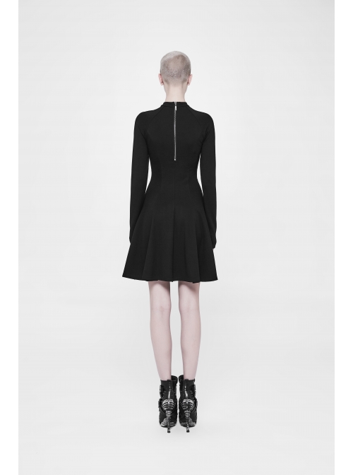 Black Small High Collar Chest Splice Mesh Rivet Back Zipper A Type Hem Punk Knit Dress