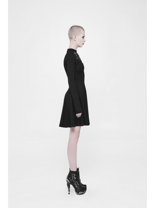 Black Small High Collar Chest Splice Mesh Rivet Back Zipper A Type Hem Punk Knit Dress